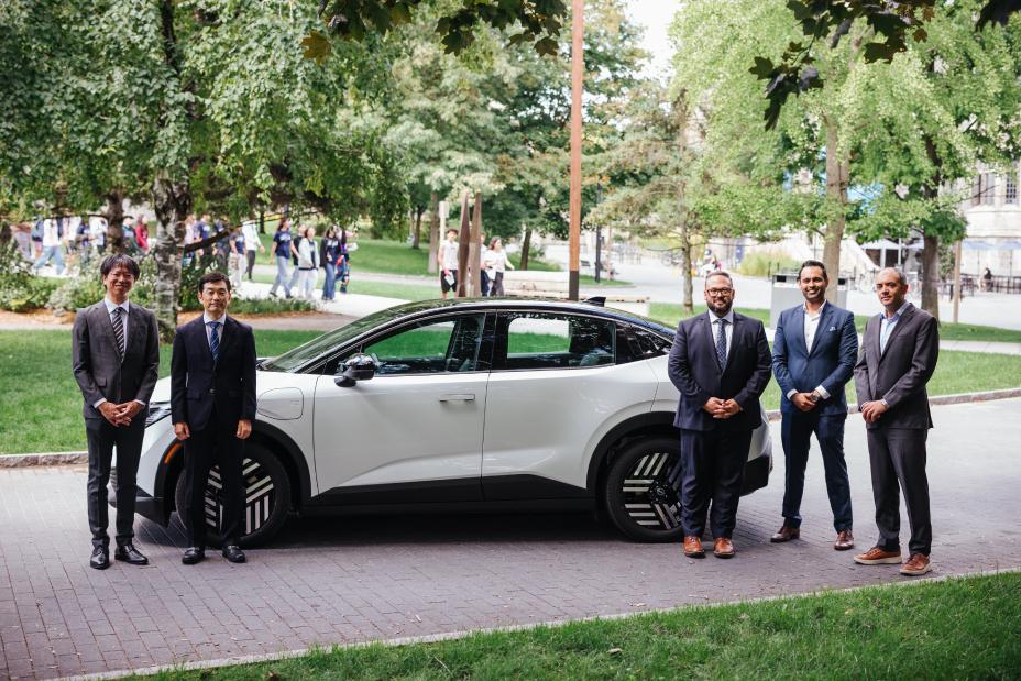 From left to right: Yoshinori Suzue, Senior Manager, Nissan North America Inc.; Atsushi Teraji, General Manager, EV System Laboratory, Nissan Motor Corp. Japan; Chris Scott, Parliamentary Assistant to the Minister of Energy and Mines, Legislative Assembly of Ontario; Abhishek Bhatia, Senior Manager, Electrification Strategy, Nissan Canada Inc.; Olivier Trescases, Professor and Director, University of Toronto Electric Vehicle Research Centre
