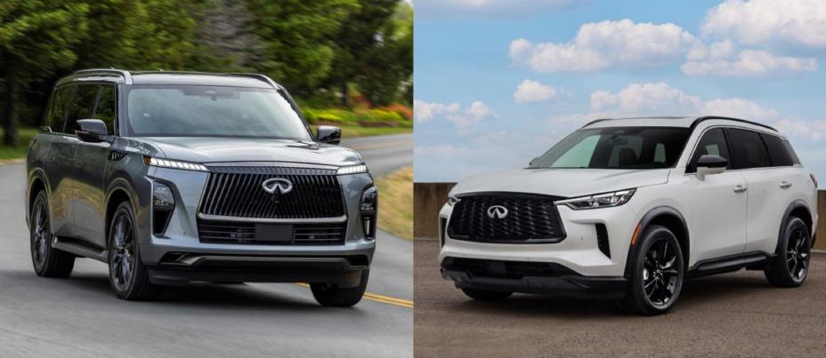A collage of a front right ¾ facing INFINITI QX80 and front left ¾ facing INFINITI QX60 driving along a road.