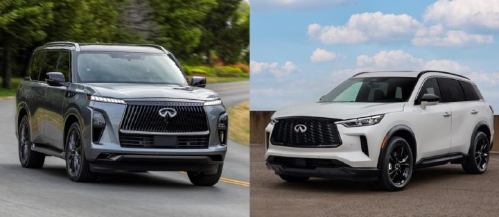A collage of a front right ¾ facing INFINITI QX80 and front left ¾ facing INFINITI QX60 driving along a road.
