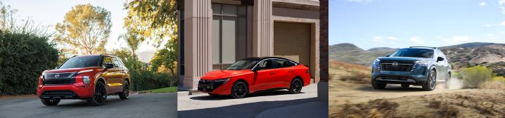 Collage of images for three Nissan models; the all-new Sentra, the all-new Rogue PHEV, and the redesigned Pathfinder.