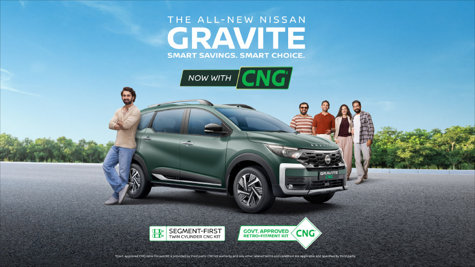 Promotional image of the All New Nissan GRAVITE with CNG branding, showing the vehicle parked outdoors with a group of people standing beside it and campaign text highlighting CNG benefits