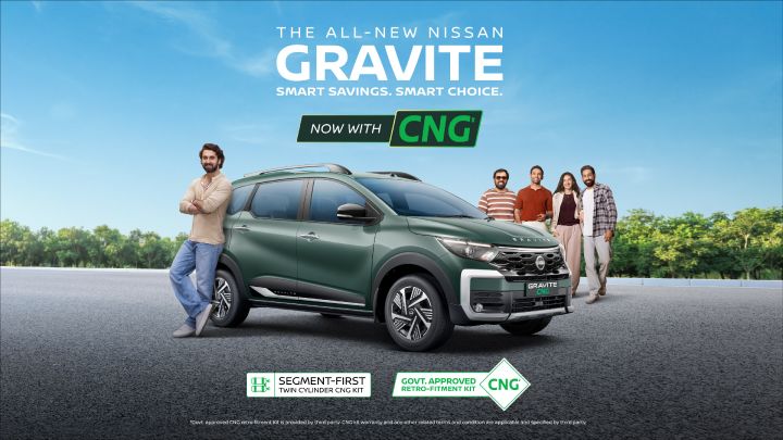 Promotional image of the All New Nissan GRAVITE with CNG branding, showing the vehicle parked outdoors with a group of people standing beside it and campaign text highlighting CNG benefits