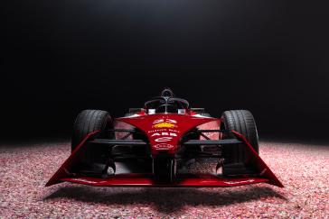 Ground view of the front of the Nissan Formula E car.