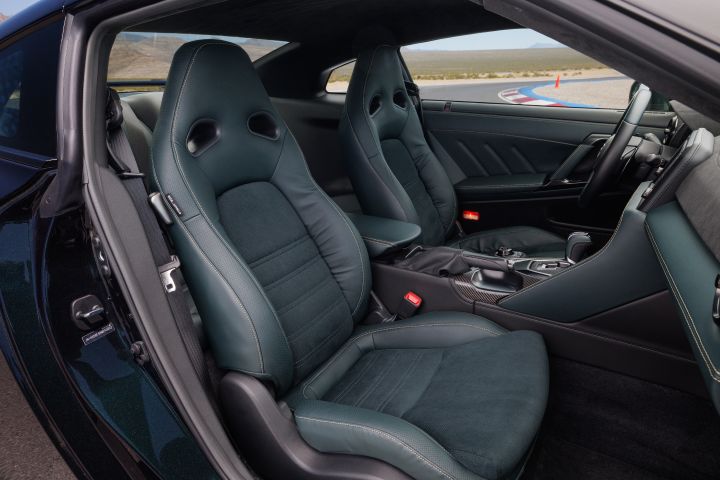 View of the Mori Green passenger and driver's seat inside the 2024 GT‑R T-spec Takumi.