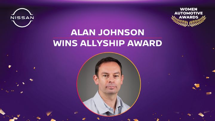 Grafik mit einem Foto von Alan Johnson, Senior Vice President, Region Manufacturing & Supply Chain, und einer Beschreibung, die ihn als Gewinner des Women Automotive Network's Allyship Award für 2024 ankündigt