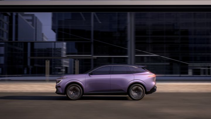 An Urban SUV PHEV Concept parked along a city street. The purple-toned SUV is shown in a side view, with glass-fronted buildings in the background.