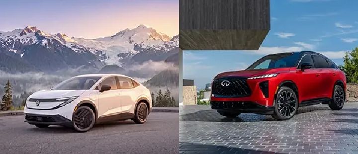 Collage of the 2027 Nissan LEAF S and the 2027 INFINITI QX65 models shown outdoors.