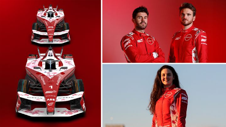 Foto pilotos del equipo de Nissan Formula E, incluyendo el vehículo que se usará en la temporada