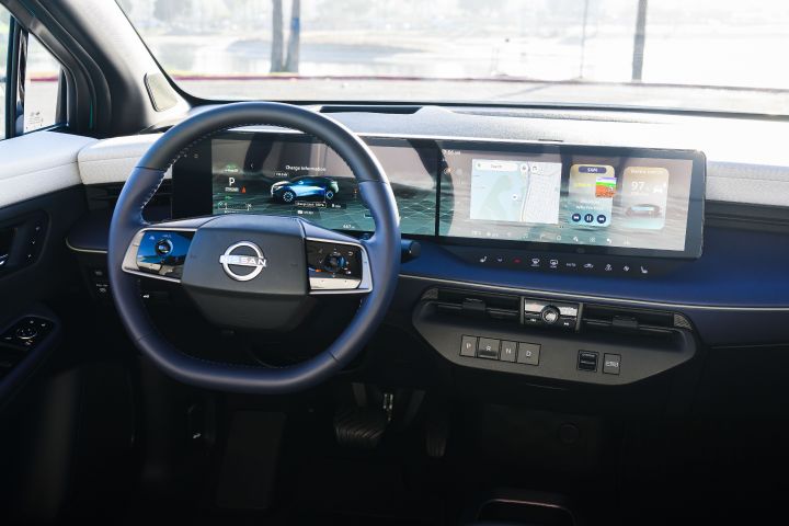 The steering, dashboard and infotainment display inside the 2026 Nissan LEAF.