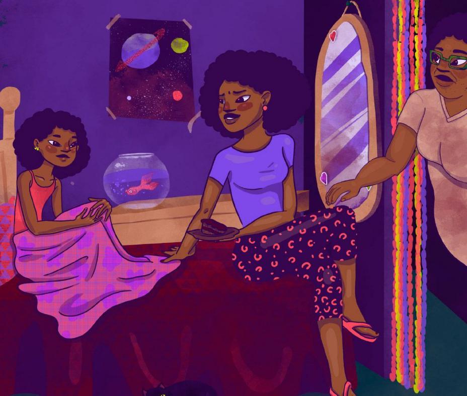 Fundo roxo com três personagens negras (Alice, sua mãe e sua avó) em primeiro plano