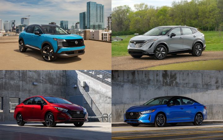 A collage of four Nissan Models, the Kicks, Ariya, Versa and Sentra, they all face inward toward each other.