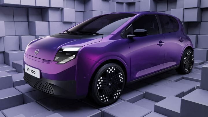 Photorealistic automotive concept rendering showcasing a purple Nissan electric hatchback. Angular bodywork, dark windows, patterned black wheels, illuminated front accents, and “PIXO” plate stand against a geometric gray tiled backdrop.
