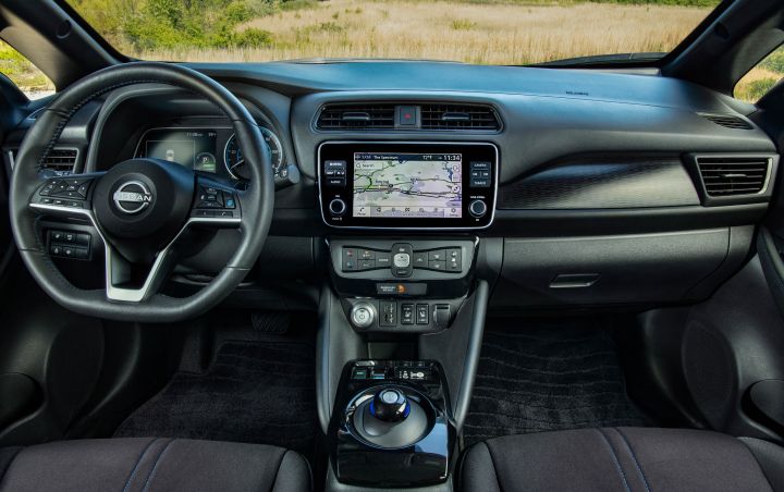 Dashboard and steering wheel view inside the 2025 Nissan LEAF.