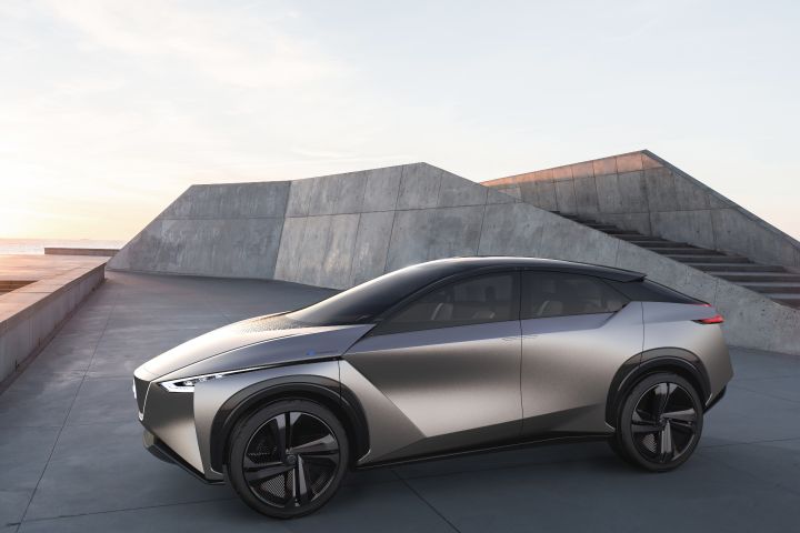 A rendering of the Nissan IMx KURO concept parked on a concrete structure