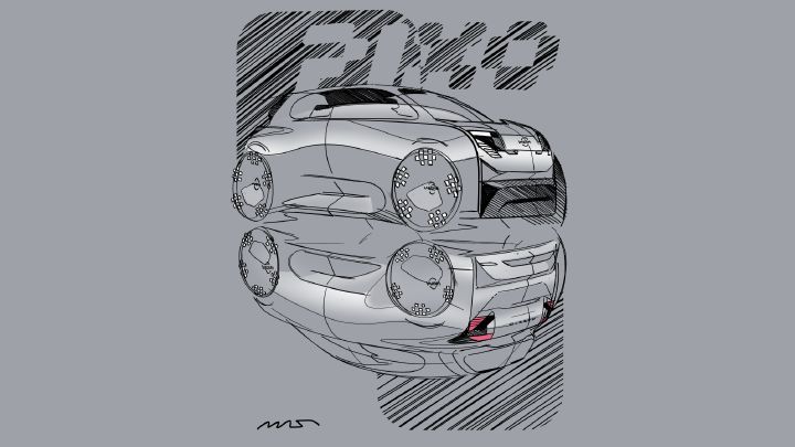 Automotive concept sketch presents two views of a futuristic, low-slung car with oversized patterned wheels, sculpted bodywork, and dramatic aerodynamic surfaces. Grayscale linework, diagonal hatch shading, rear spoiler, grille details, and small signature emphasize an exploratory vehicle-design study.