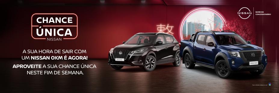 Banner da campanha mostra Nissan Kicks e Nissan Frontier em fundo escuro e com frase sobre a campanha