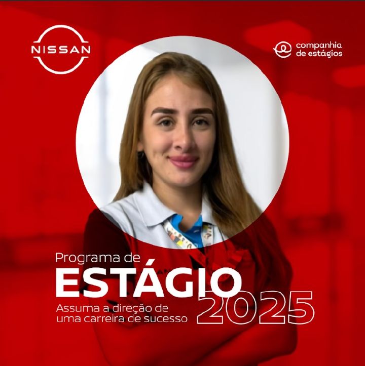 Logo do Programa de estágio da Nissan 2025 com uma funcionária jovem de braços cruzados