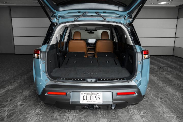 The trunk of the 2026 Nissan Pathfinder with the second and third row seats folded down.