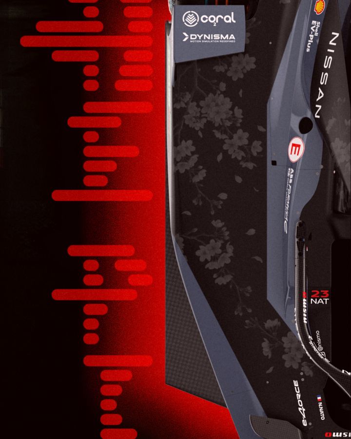 Nahaufnahme der einzigartigen, einmaligen NISMO-Lackierung des Nissan e‑4ORCE 05 mit der Startnummer 23.
