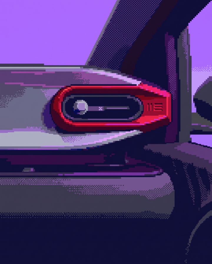 Pixel-art-illustrasjonen viser et nærbilde av en rød kjøretøykomponent montert ved siden av en mørk vertikal støtte. Det avlange kapselhuset inneholder en svart oval innskjæring, sølvsirkulære detaljer, horisontal stang og tre ventilmerker, satt mot lilla-grå karosseri og skyggelagte mekaniske omgivelser.