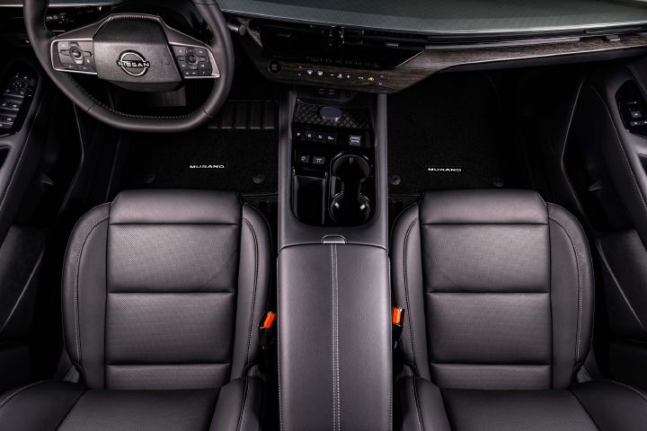 Aerial view of the 2027 Nissan Murano Dark Armor front seats, steering and dashboard.