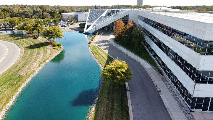 Aerial view of the Nissan Technical Center, Farmington Hills MI., water is nearby.